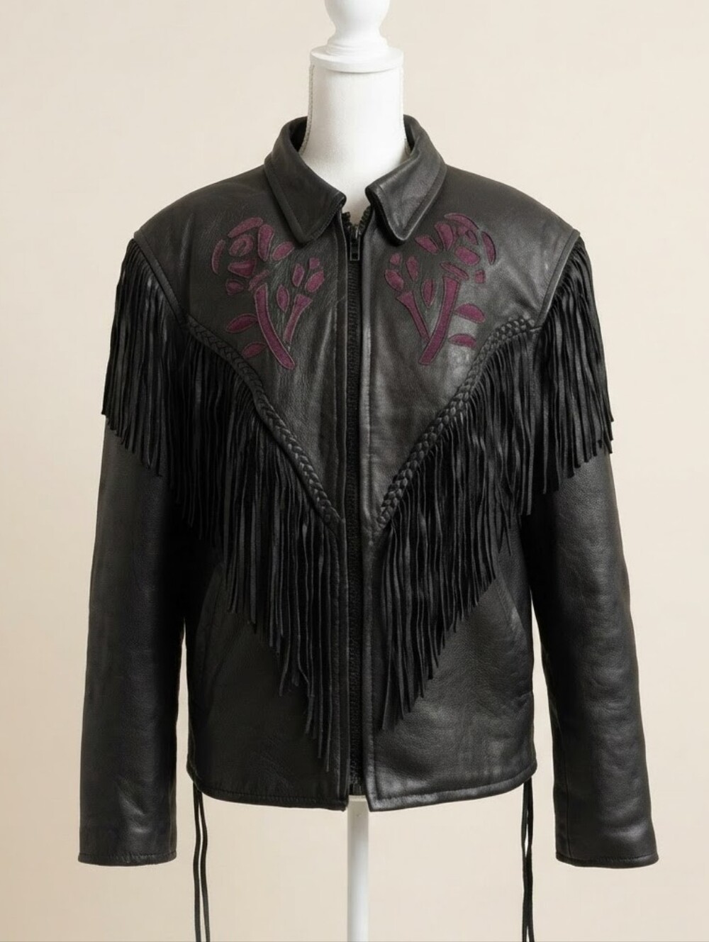 Vintage 80s Black Leather Fringe Jacket XL Purple Suede Rose Western Biker Moto
